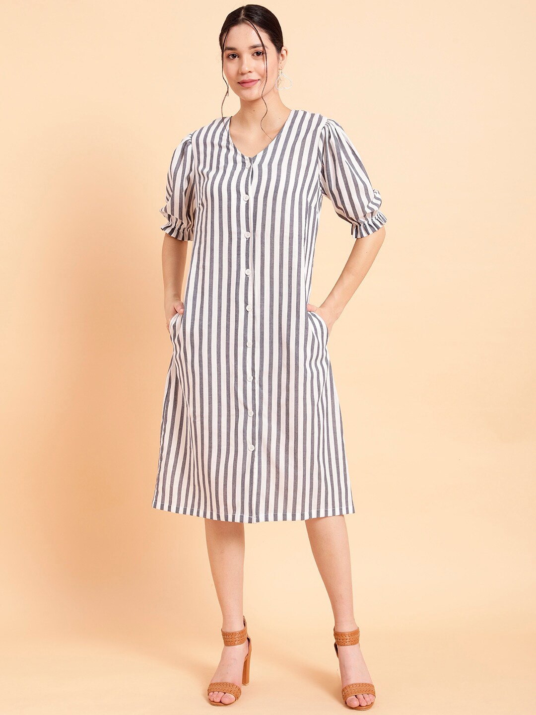

MINT STREET Striped Printed Puff Sleeves Crepe Shirt Dress, White