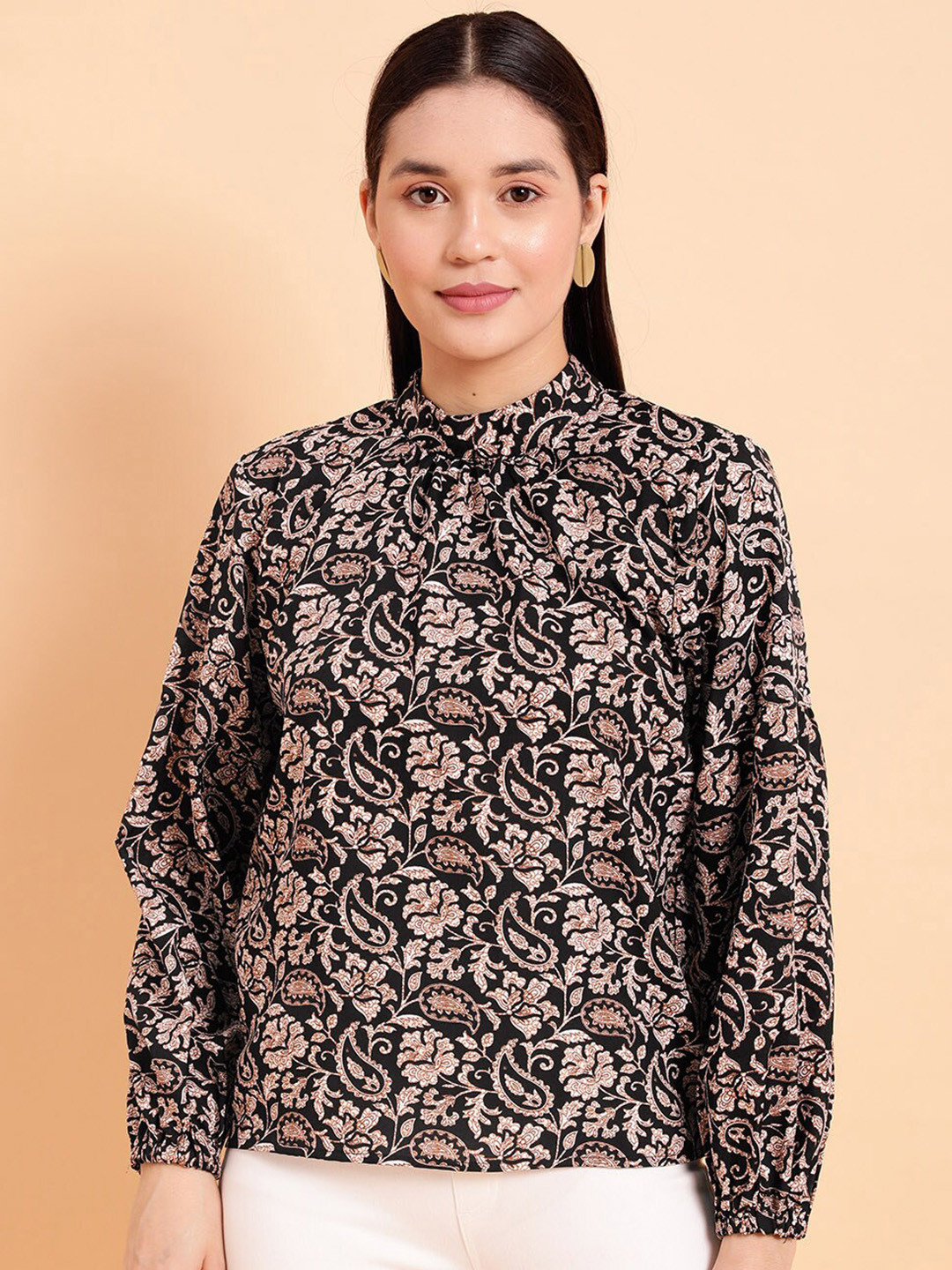 

MINT STREET Paisley Printed High Neck Cuff Sleeve Crepe Top, Black