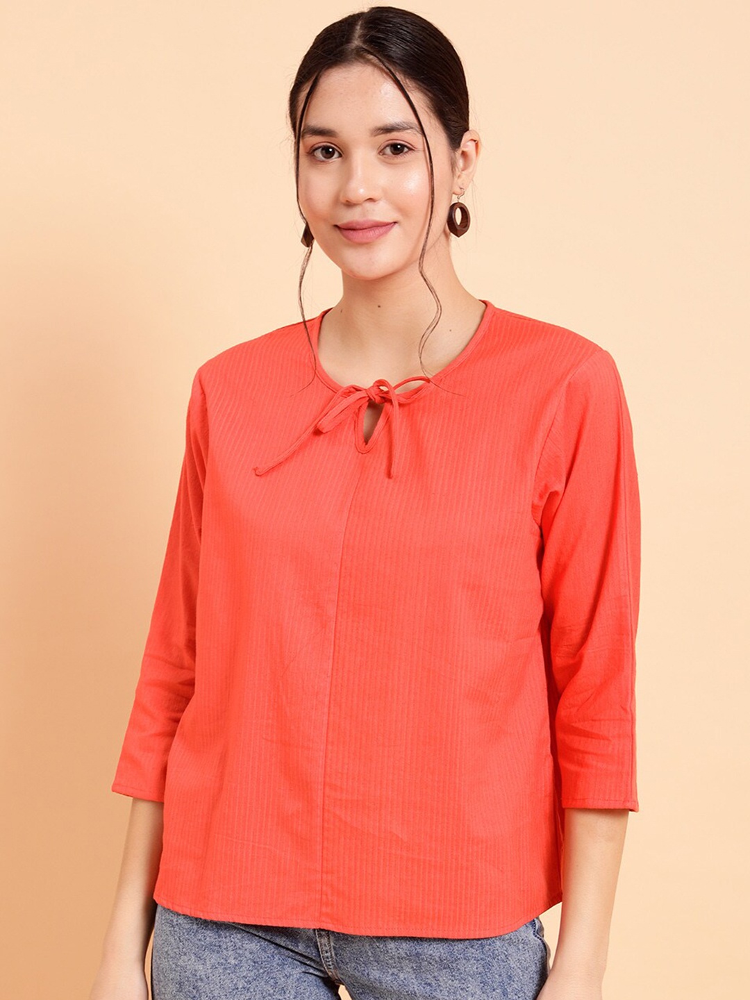 

MINT STREET Striped Tie-Up Neck Crepe Top, Orange