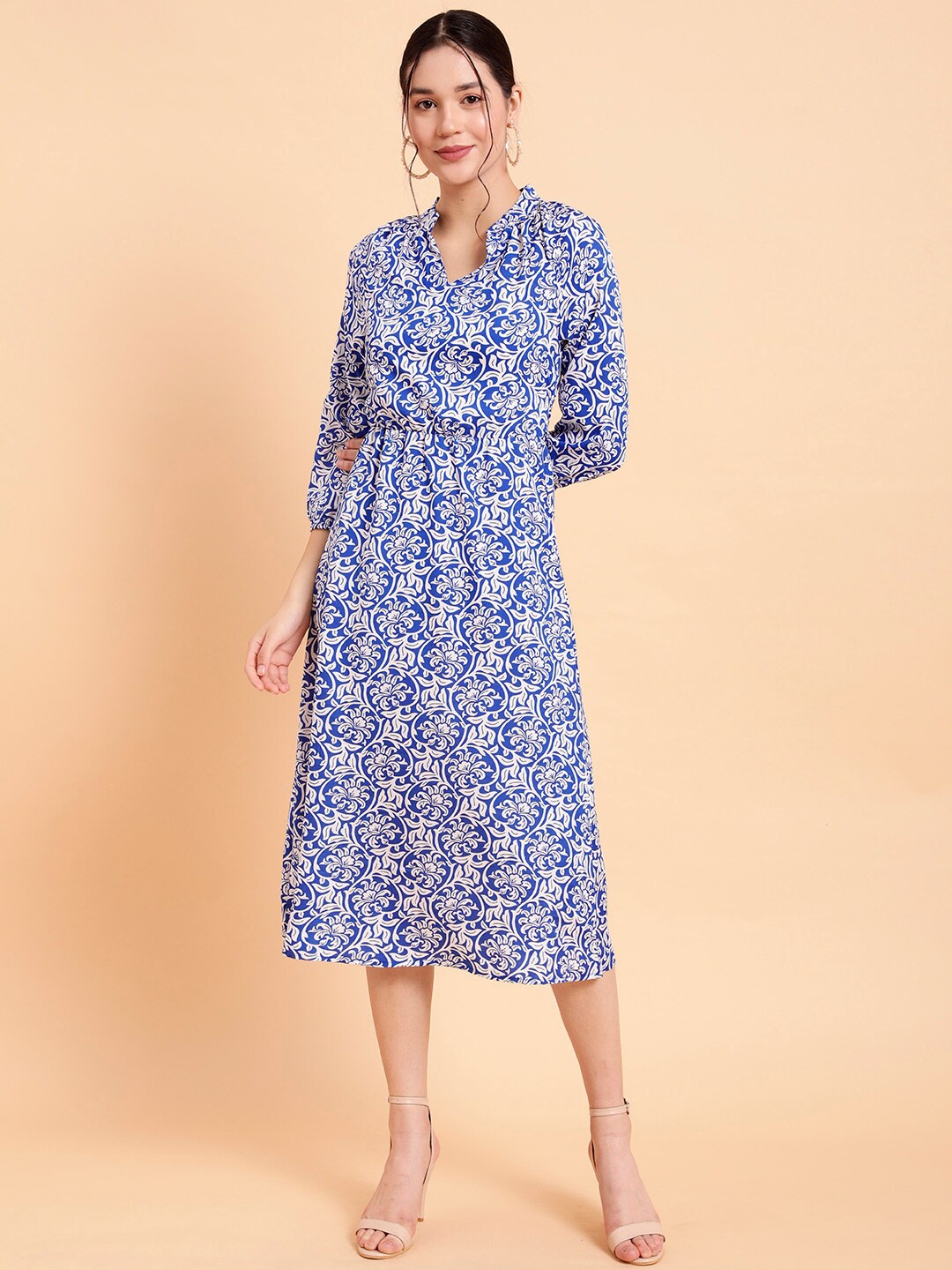 

MINT STREET Floral Printed Midi A-line Dress, Blue