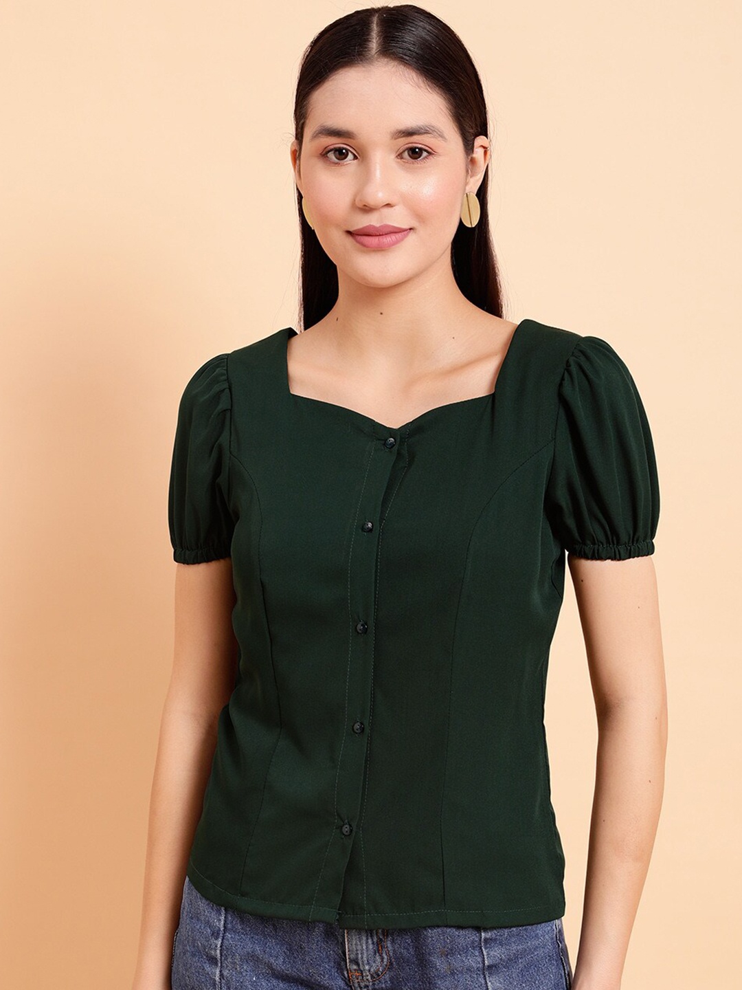 

MINT STREET Sweetheart Neck Puff Sleeve Crepe Top, Green