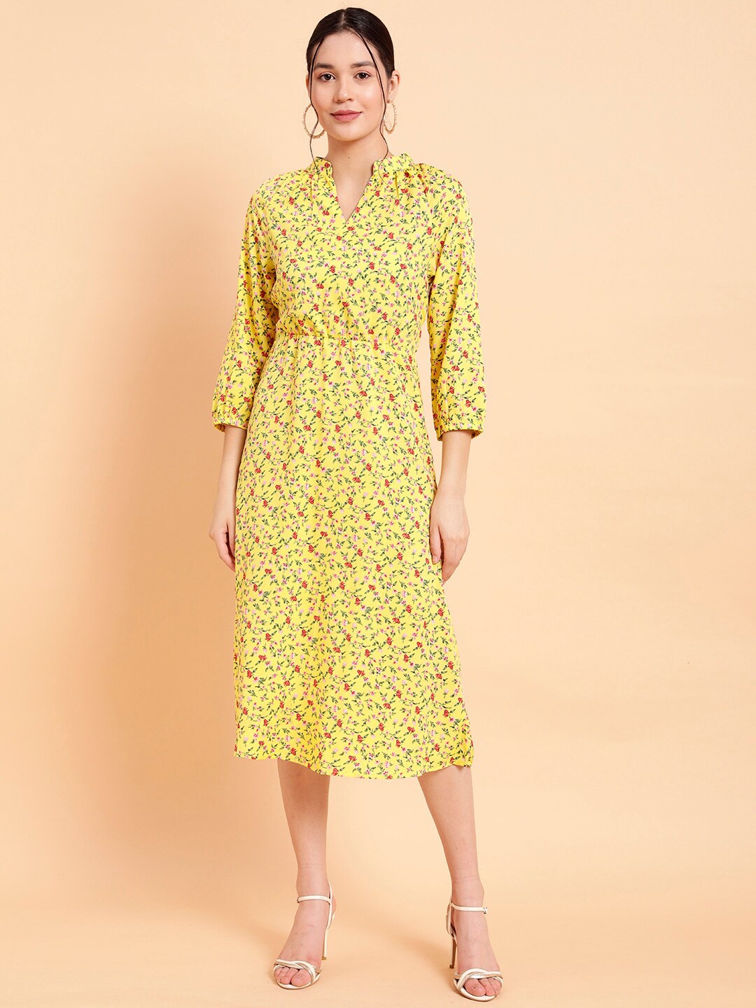 

MINT STREET Floral Printed & Gathered Detailed Crepe Fit & Flare Midi Dress, Yellow