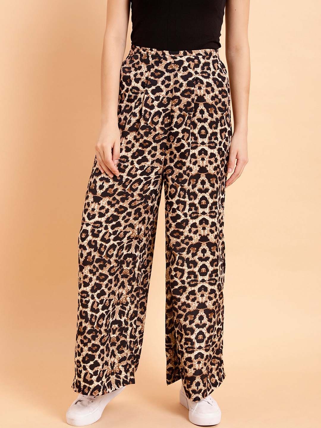 

MINT STREET Women Animal Printed Mid Rise Plain Parallel Trousers, Brown