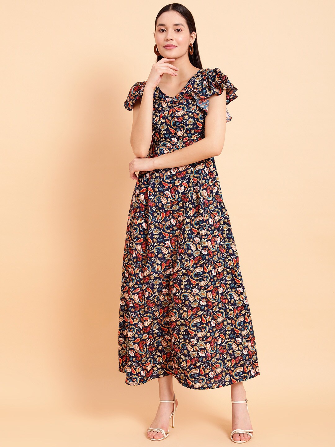 

MINT STREET Paisley Print Flutter Sleeve Fit & Flare Maxi Dress, Navy blue