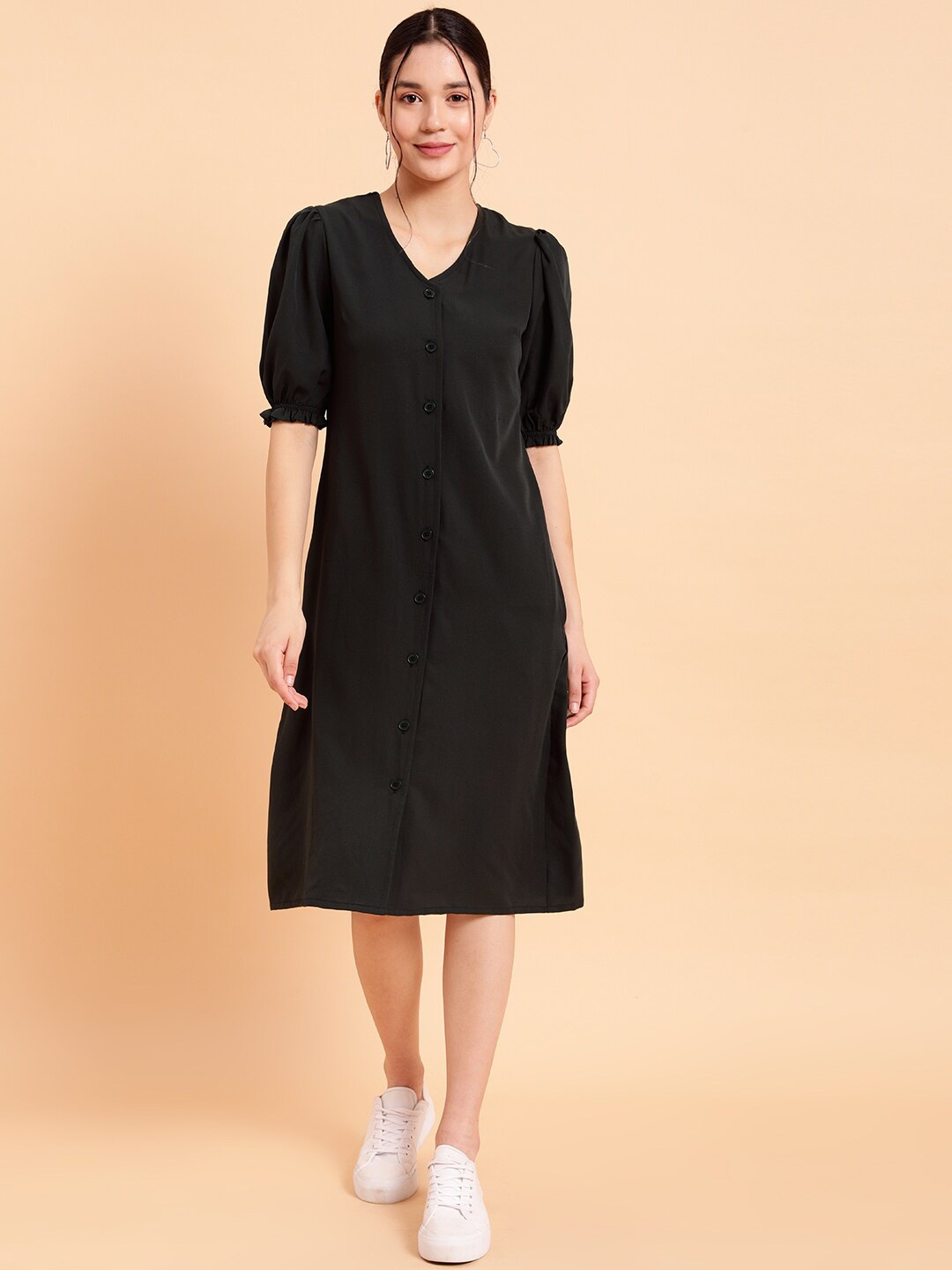 

MINT STREET V-Neck Puff Sleeves A-Line Dress, Black