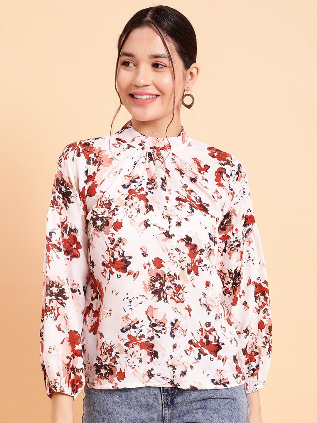 

MINT STREET Floral Printed High Neck Top, White