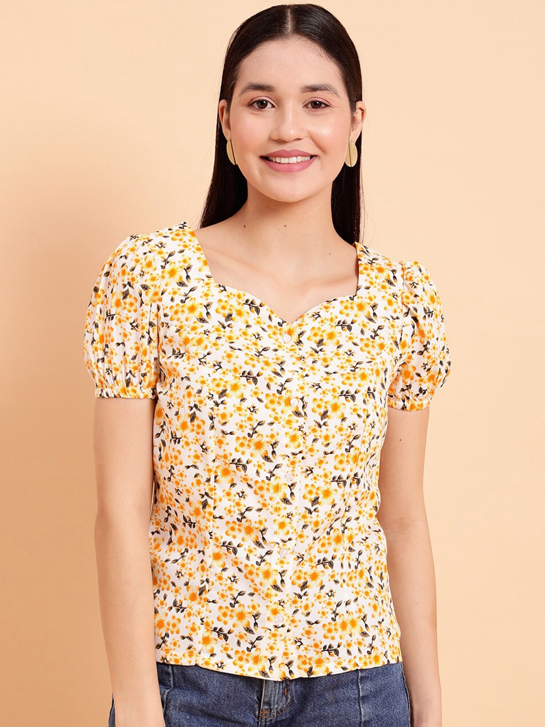 

MINT STREET Floral Printed Sweetheart Neck Puff Sleeve Top, Yellow