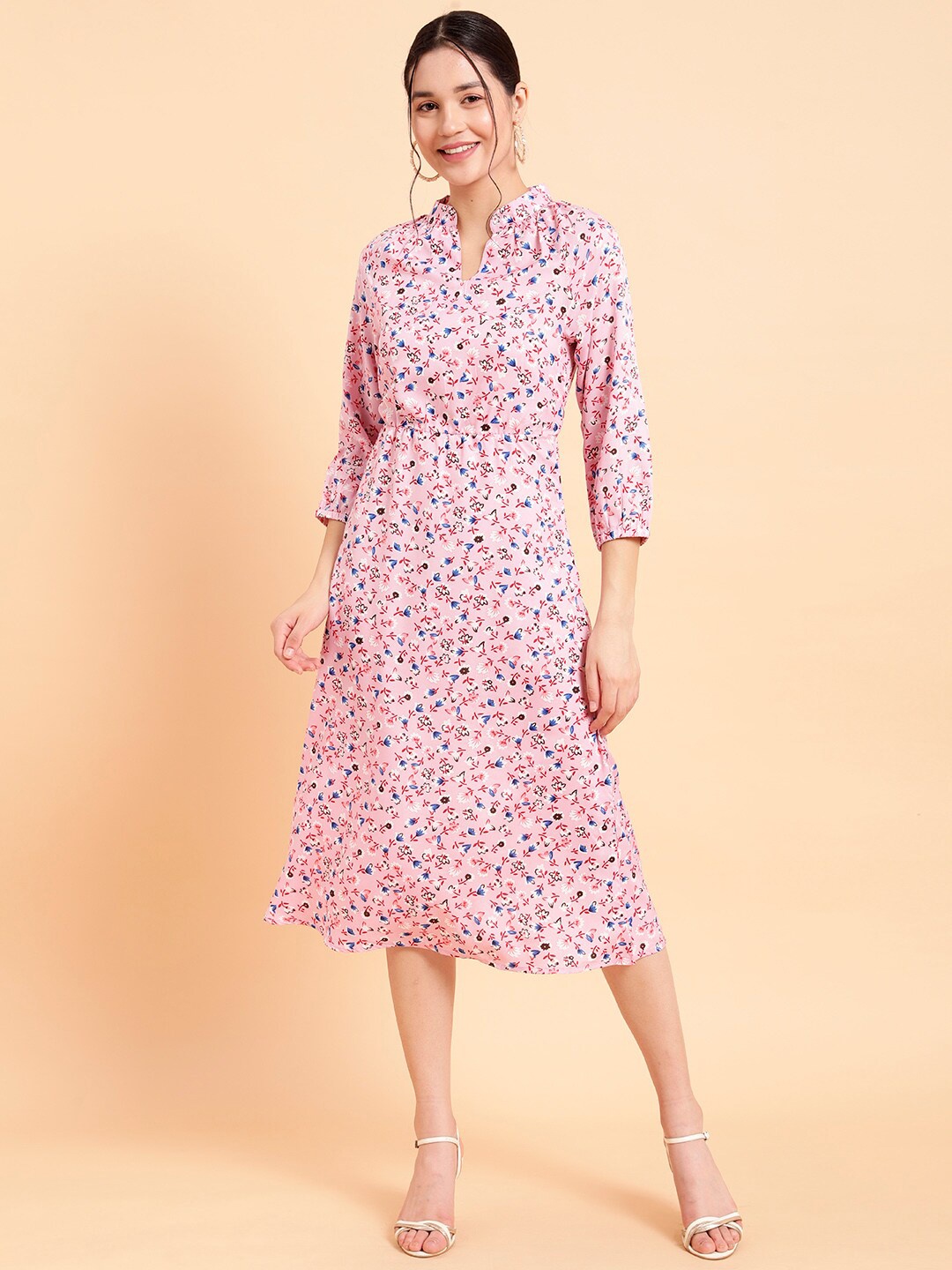 

MINT STREET Mandarin Collar Floral Printed Midi Fit & Flare Dress, Pink