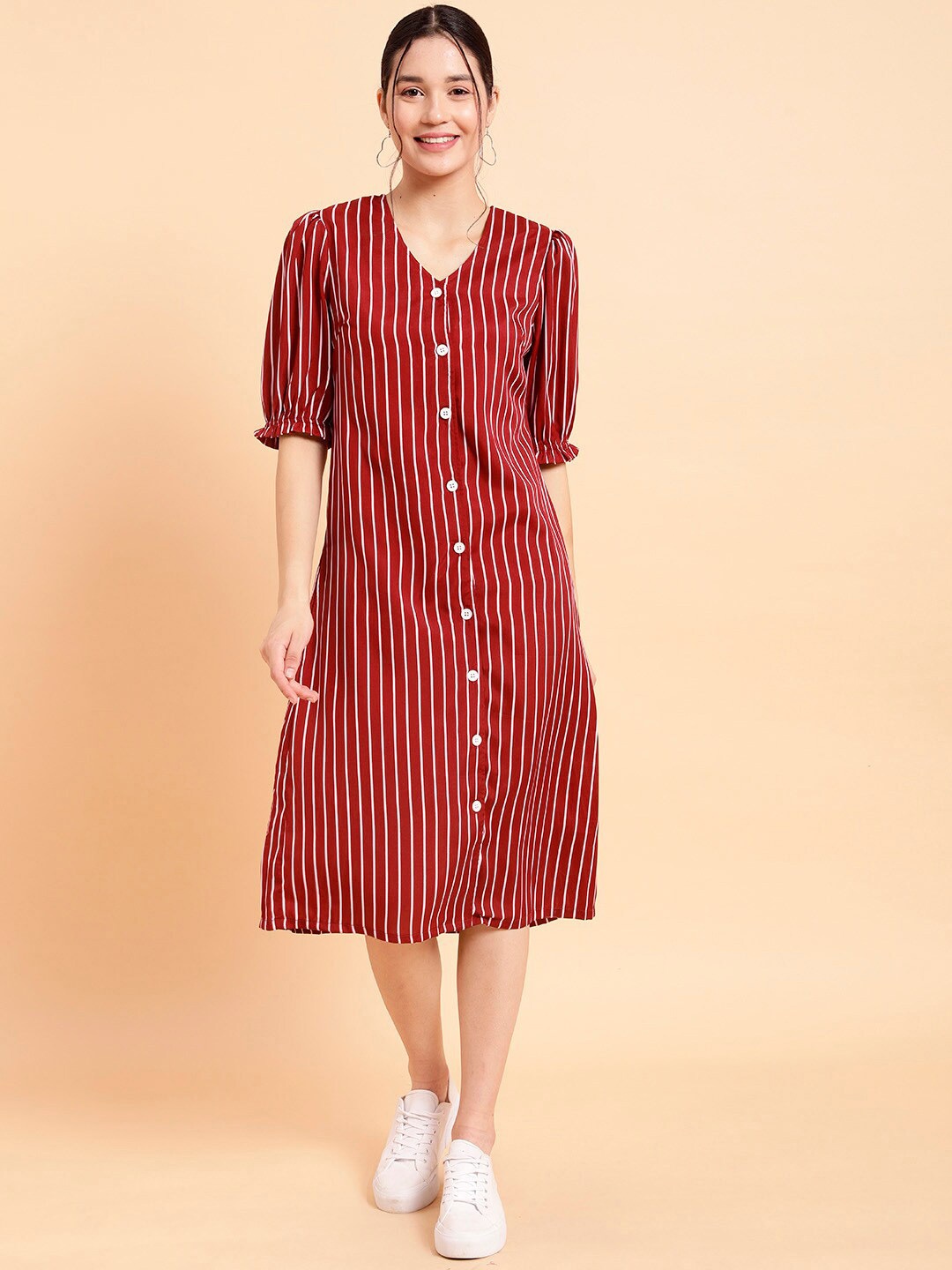 

MINT STREET Striped V-Neck Puff Sleeves Crepe A-Line Midi Dress, Maroon