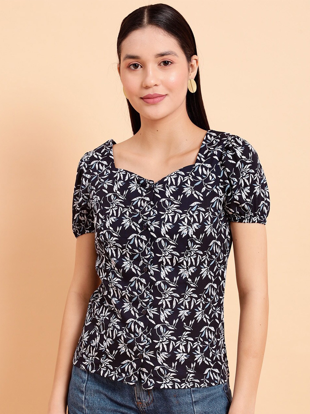 

MINT STREET Floral Printed Sweetheart Neck Puff Sleeve Top, Navy blue