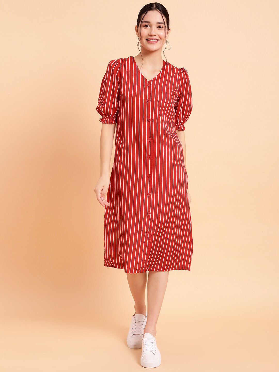 

MINT STREET Striped Puff Sleeve Crepe A Line Midi Dress, Red