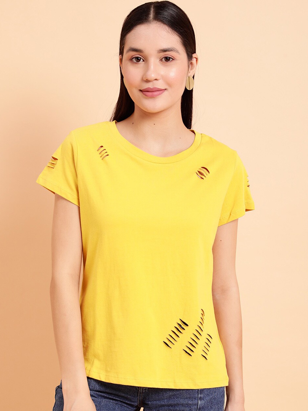 

MINT STREET Round Neck Cut Out Pure Cotton T-shirt, Yellow