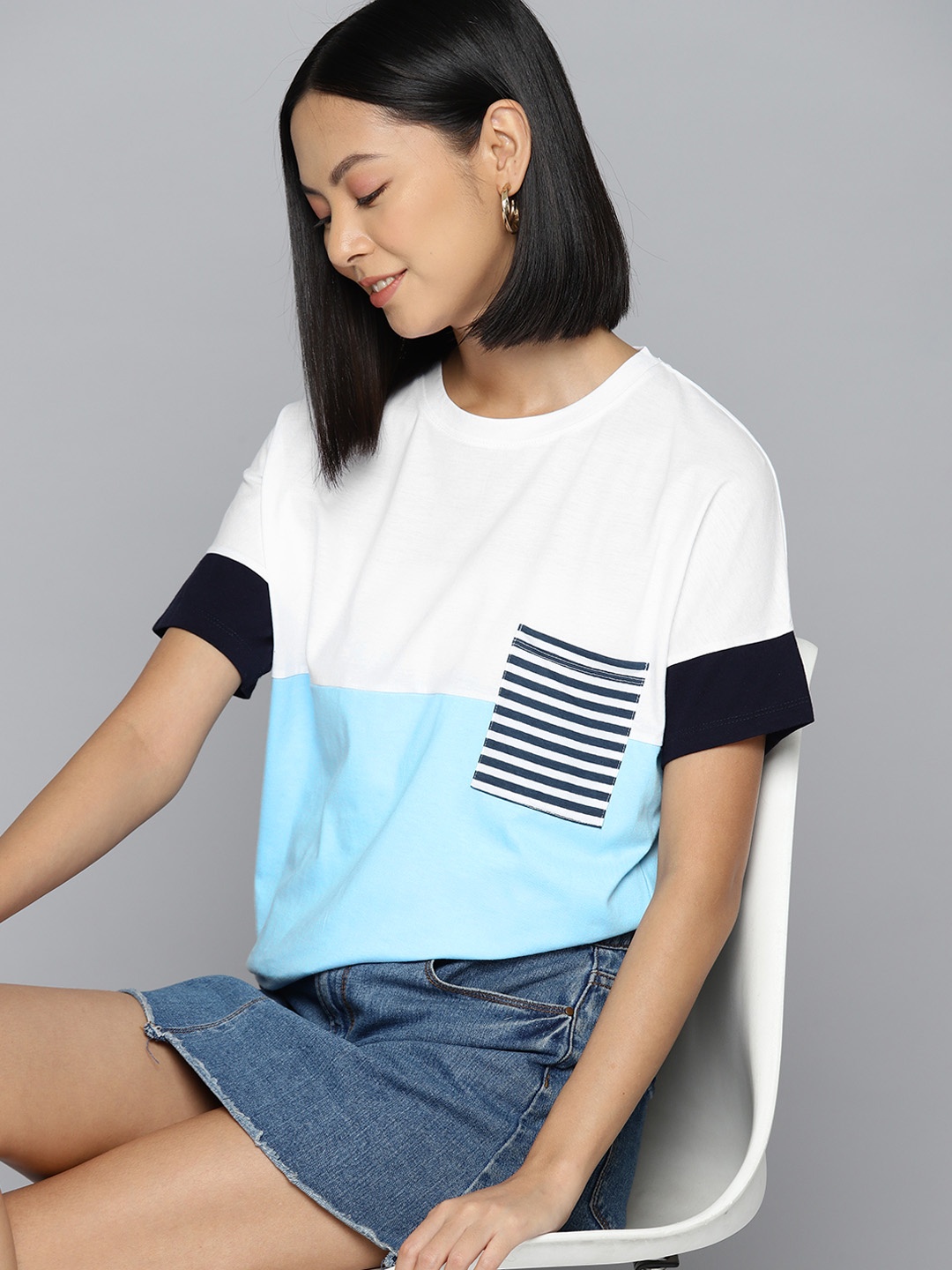 

Mast & Harbour Women Colourblocked Pure Cotton Bio Finish Pockets T-shirt, White