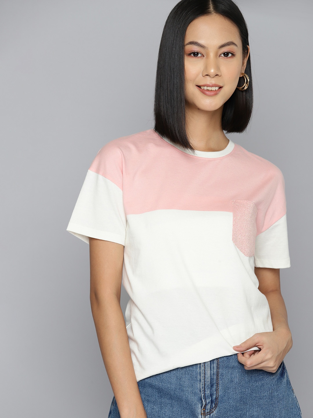 

Mast & Harbour Women Colourblocked Pure Cotton Bio Finish Pockets T-shirt, Pink