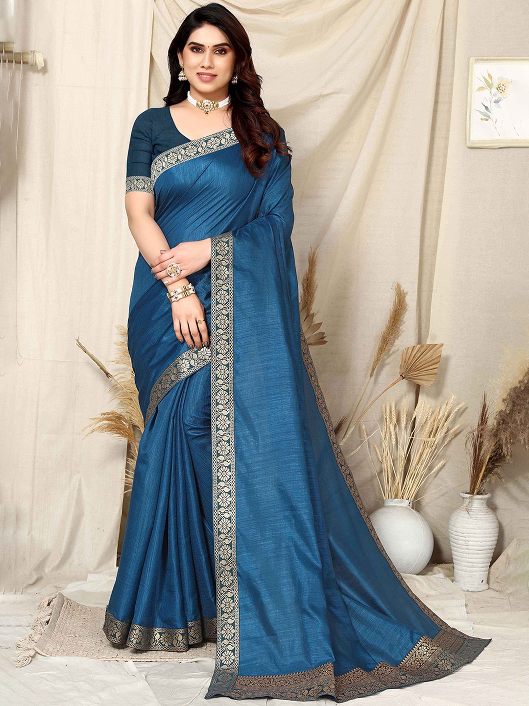 

TEREZA Silk Blend Banarasi Saree, Teal