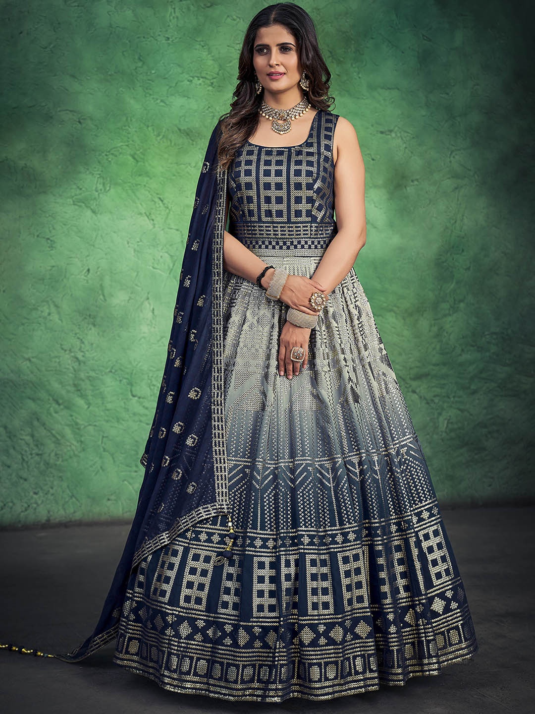 

DRESSTIVE Sequinned Embellished Gown Georgette Ethnic Dress With Dupatta, Navy blue