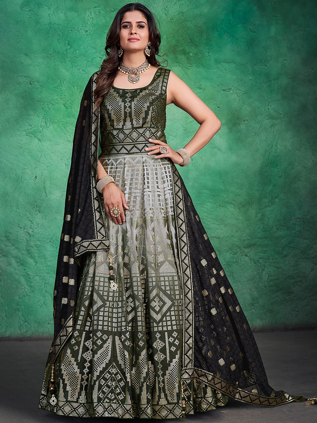 

DRESSTIVE Embroidered Gown Ethnic Dress With Dupatta, Green