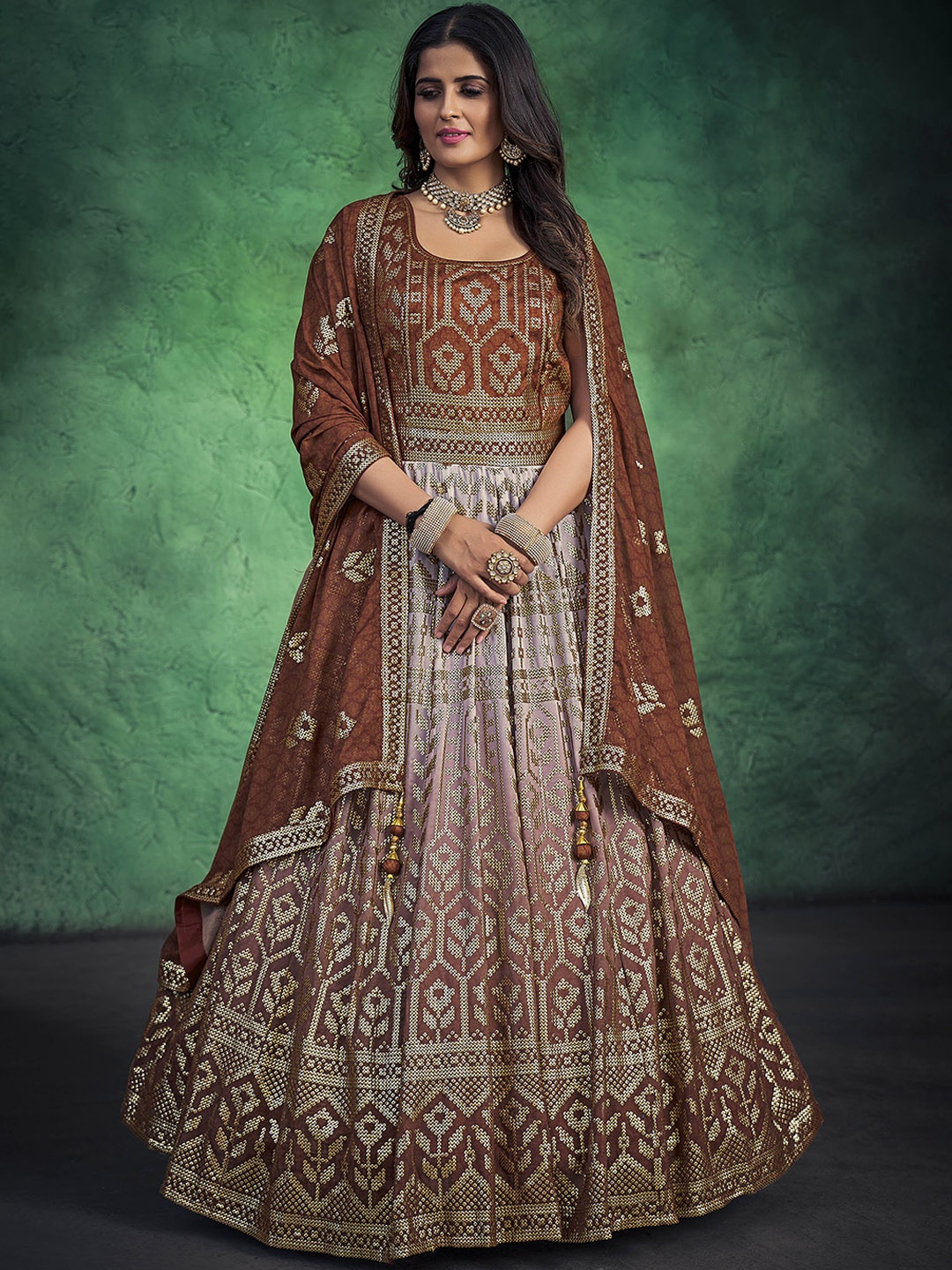 

DRESSTIVE Embroidered Gown Ethnic Dress With Dupatta, Brown