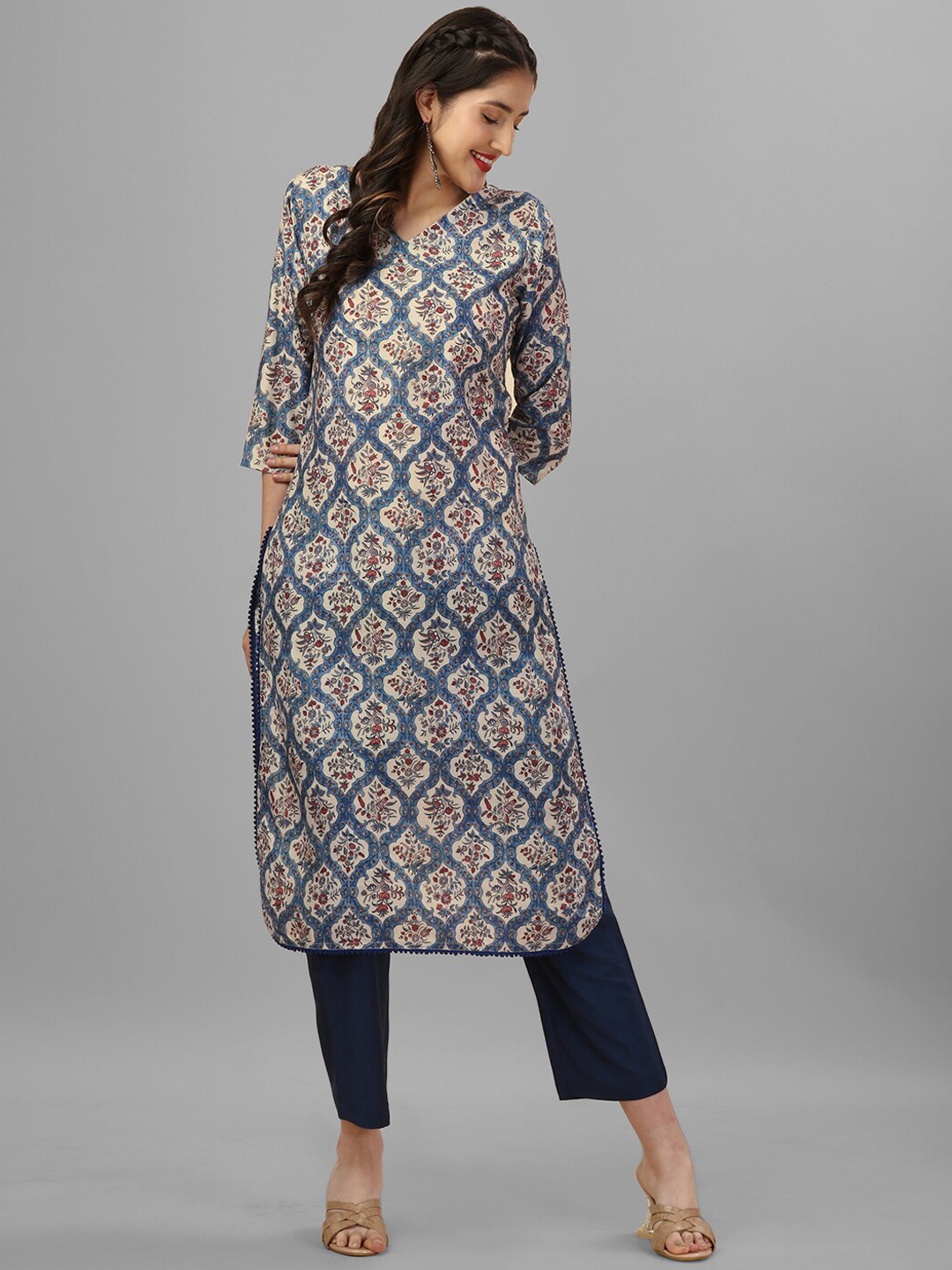 

HERE&NOW Blue Ethnic Motifs Printed Floral Kurta