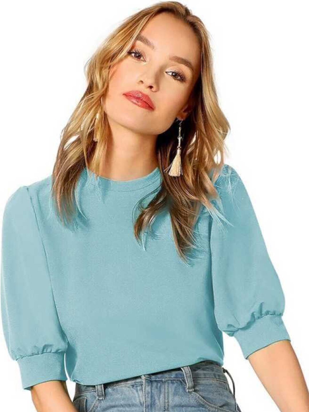 

RAJOVATI Round Neck Short Sleeve Knitted Top, Blue