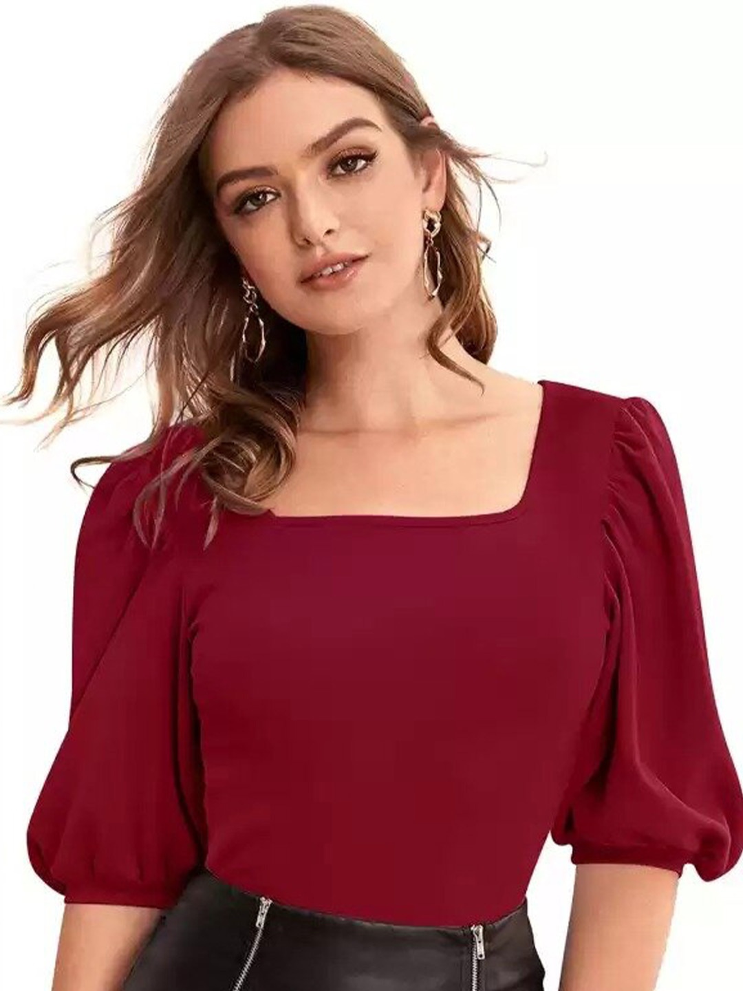 

RAJOVATI Squared Neck Puff Sleeve Knitted Top, Maroon