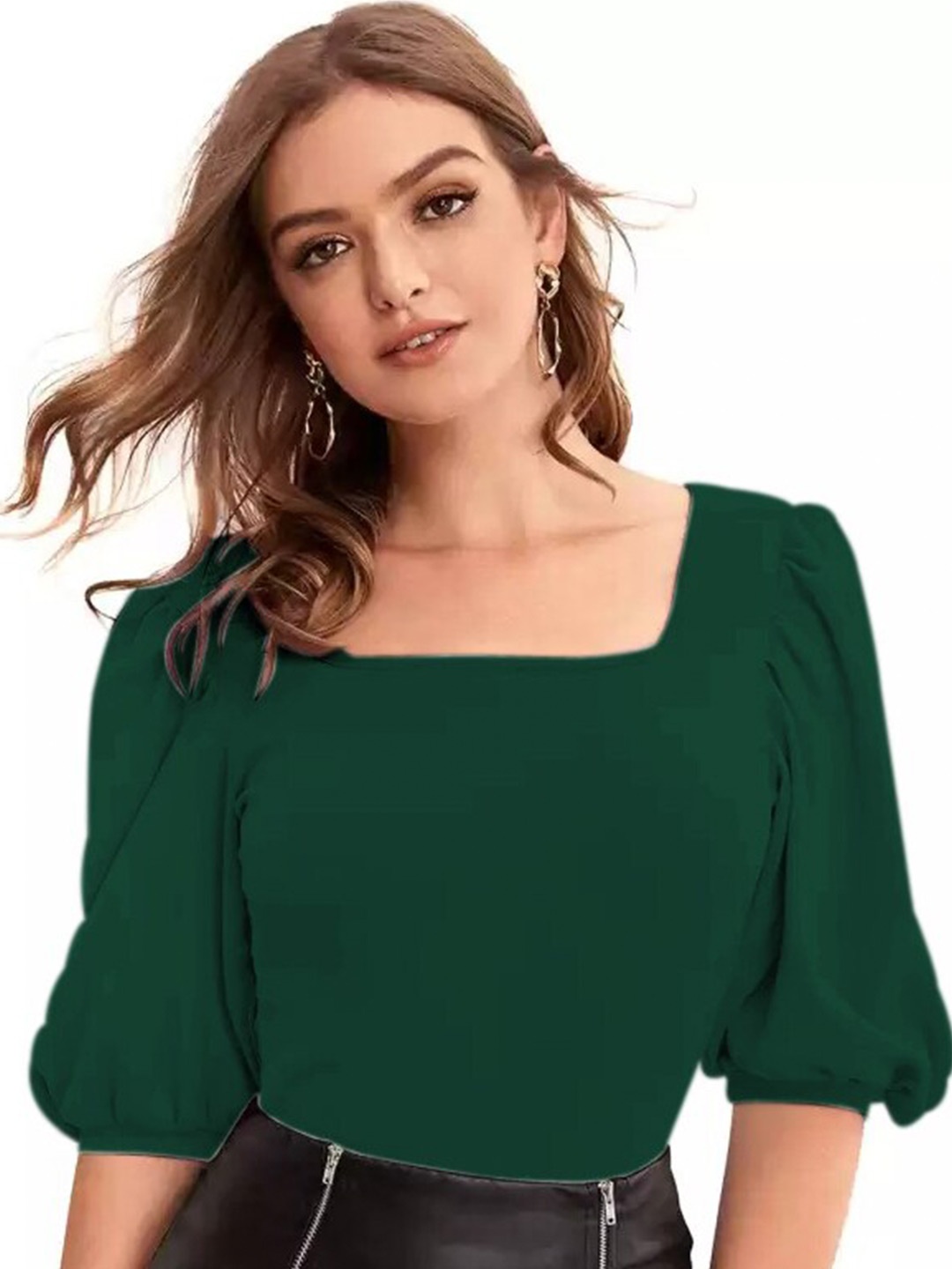 

RAJOVATI Squared Neck Puff Sleeve Knitted Top, Green
