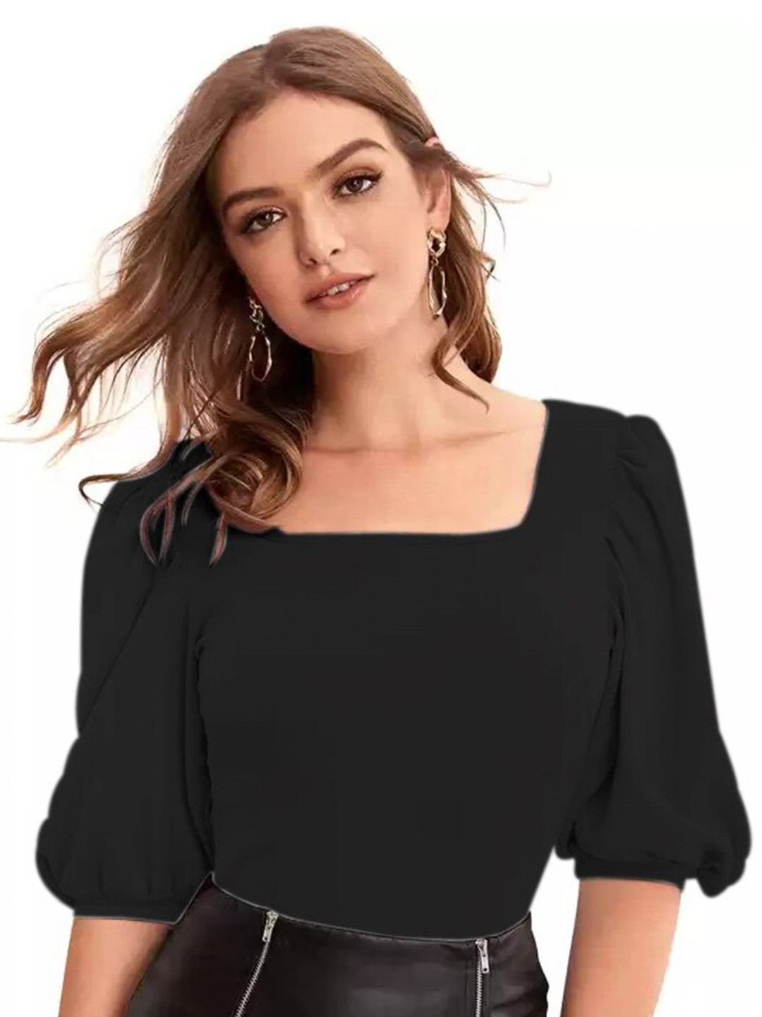

RAJOVATI Square Neck Puff Sleeve Cotton Top, Black