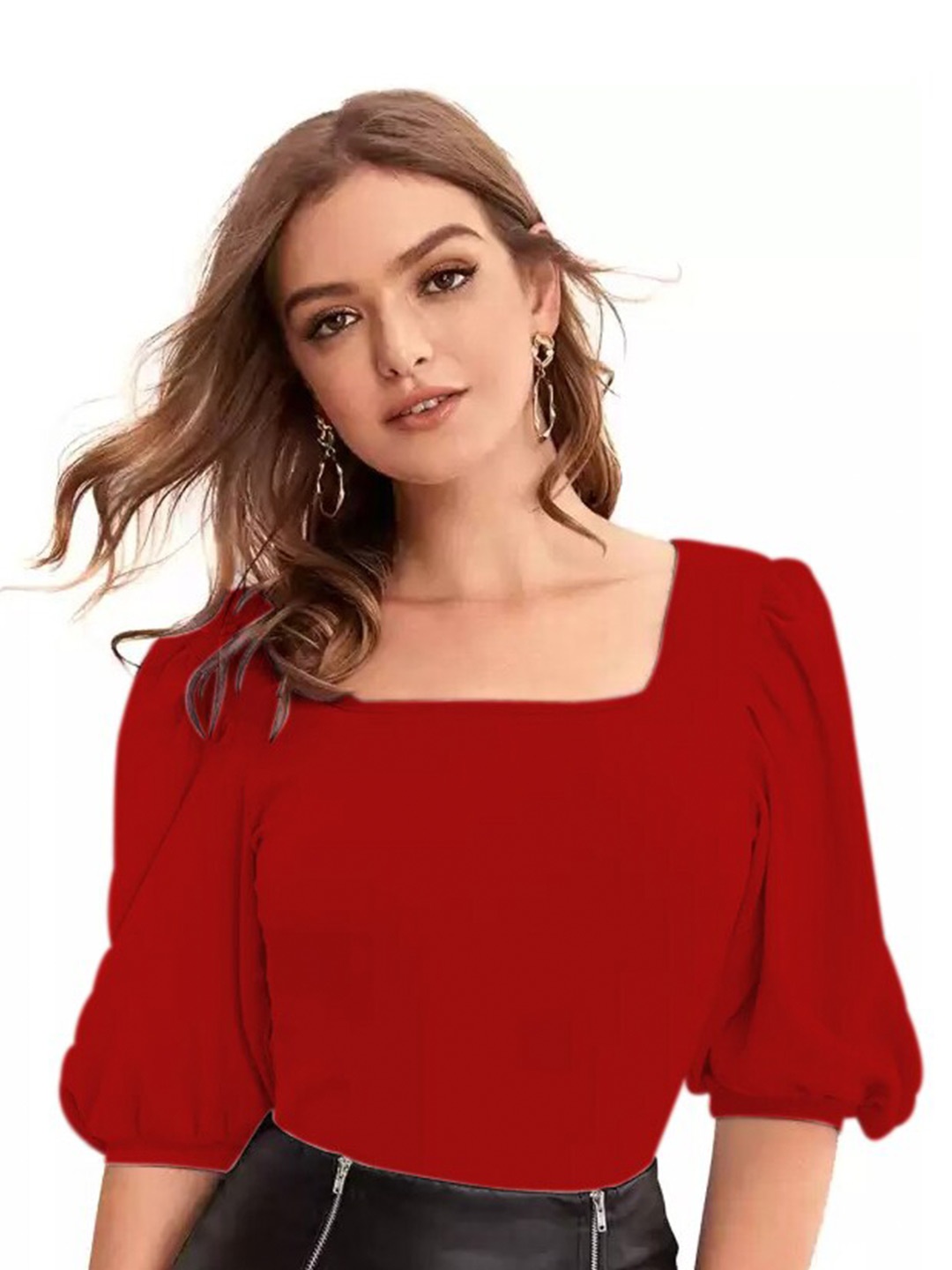 

RAJOVATI Square Neck Puff Sleeve Cotton Top, Red