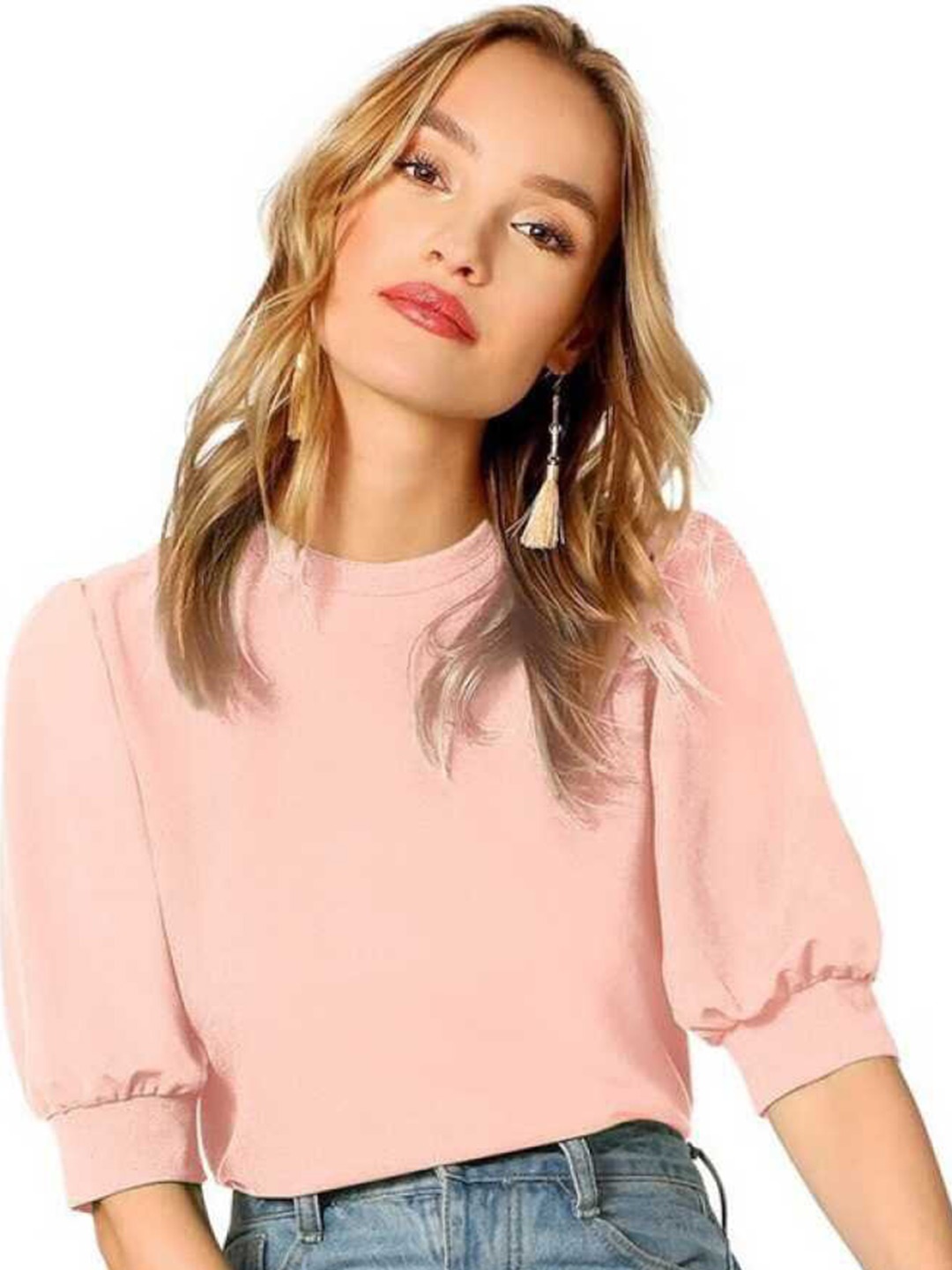 

RAJOVATI High Neck Cuffed Sleeves Top, Pink