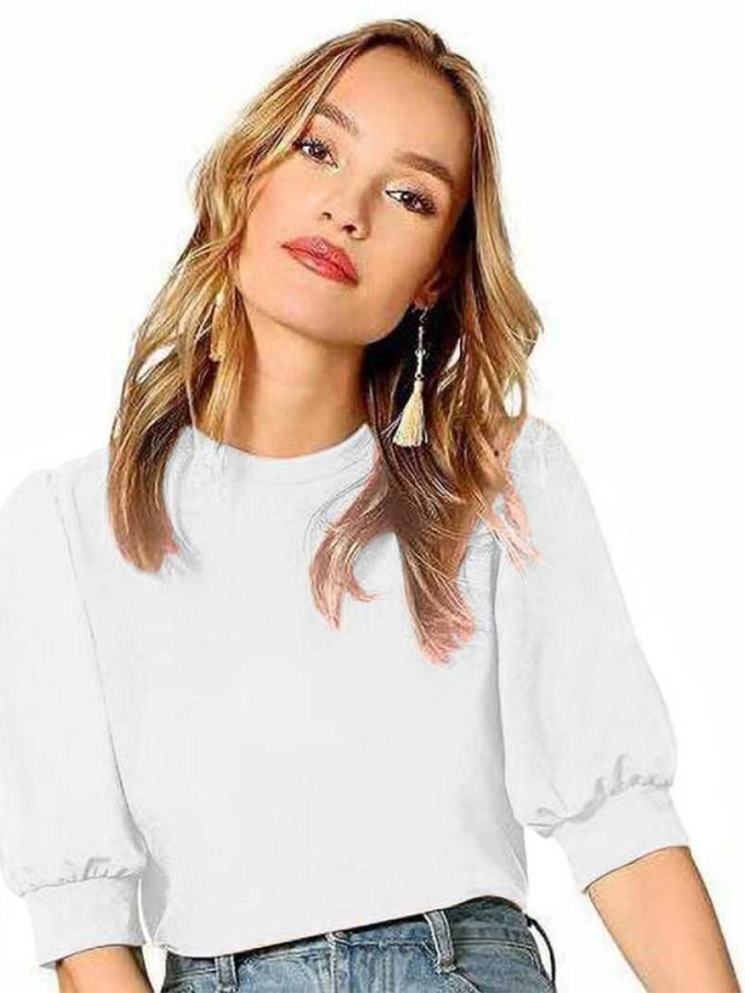 

RAJOVATI High Neck Cuffed Sleeves Crop Top, White