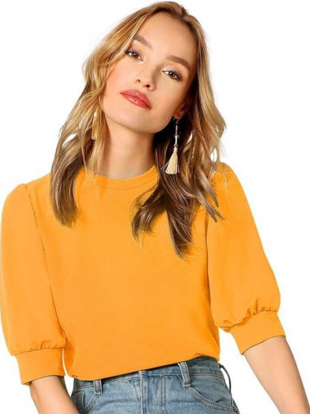 

RAJOVATI High Neck Cuffed Sleeves Top, Yellow