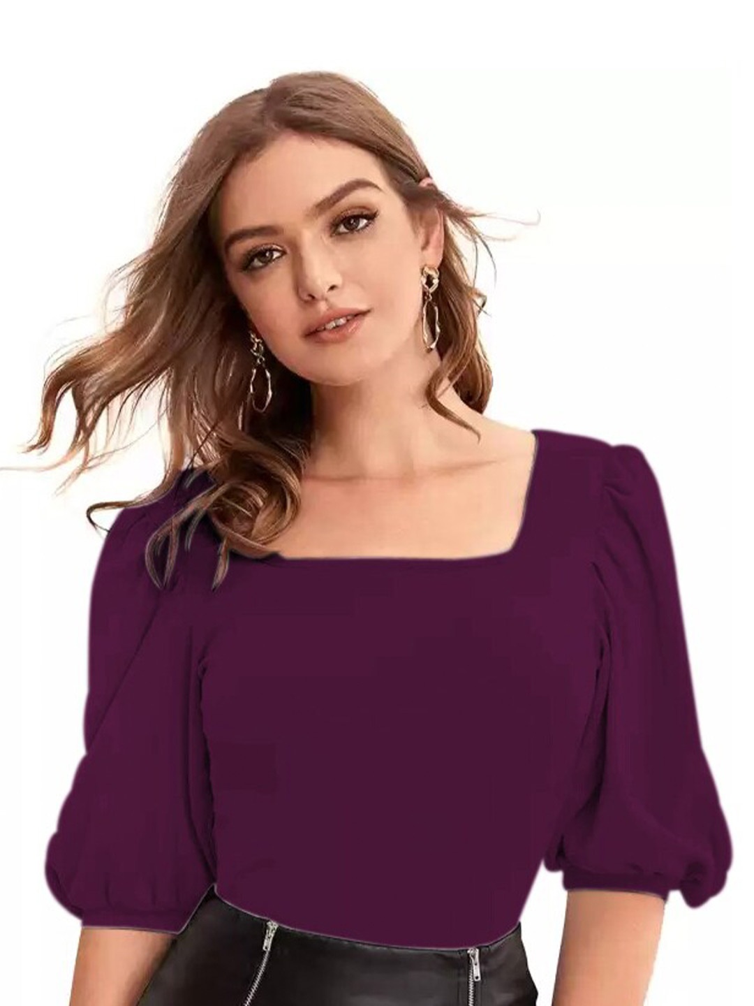

RAJOVATI Puff Sleeve Fitted Cotton Top, Purple