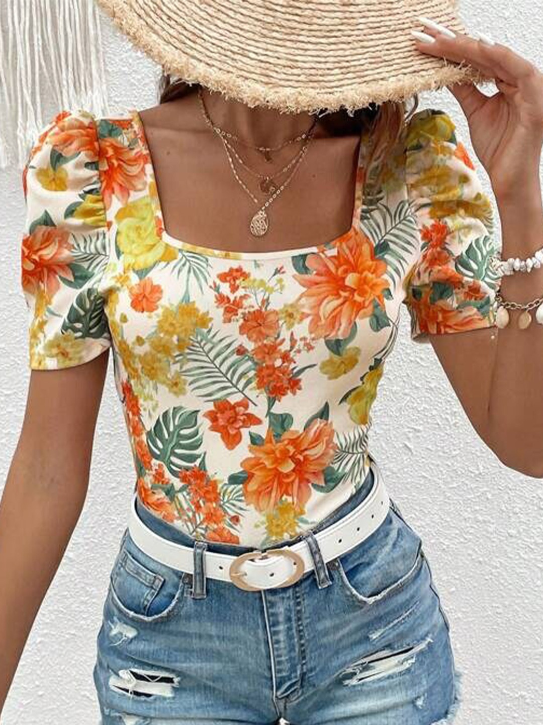 

RAJOVATI Floral Printed Puff Sleeve Fitted Cotton Top, Yellow