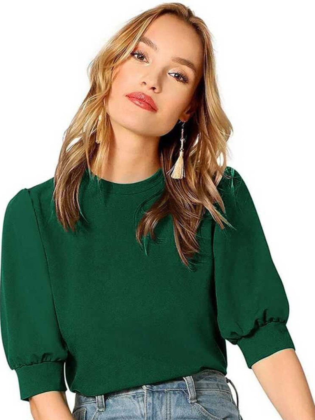 

RAJOVATI Round Neck Puff Sleeve Top, Green