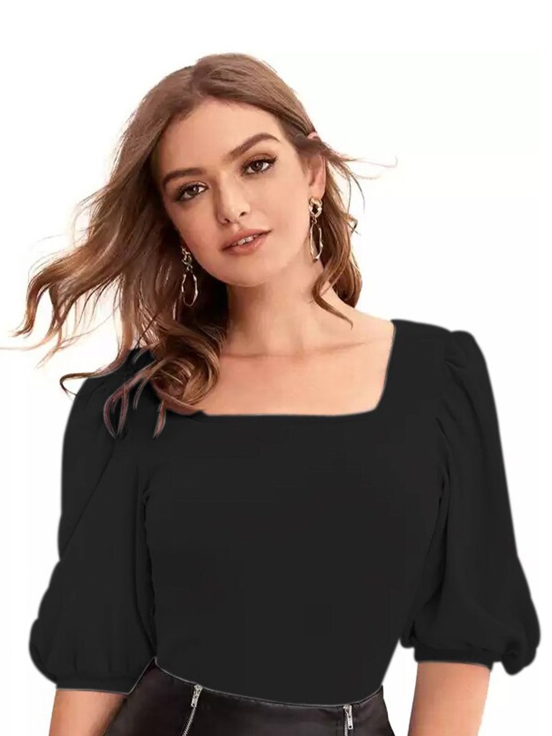 

RAJOVATI Black Puff Sleeve Cotton Top