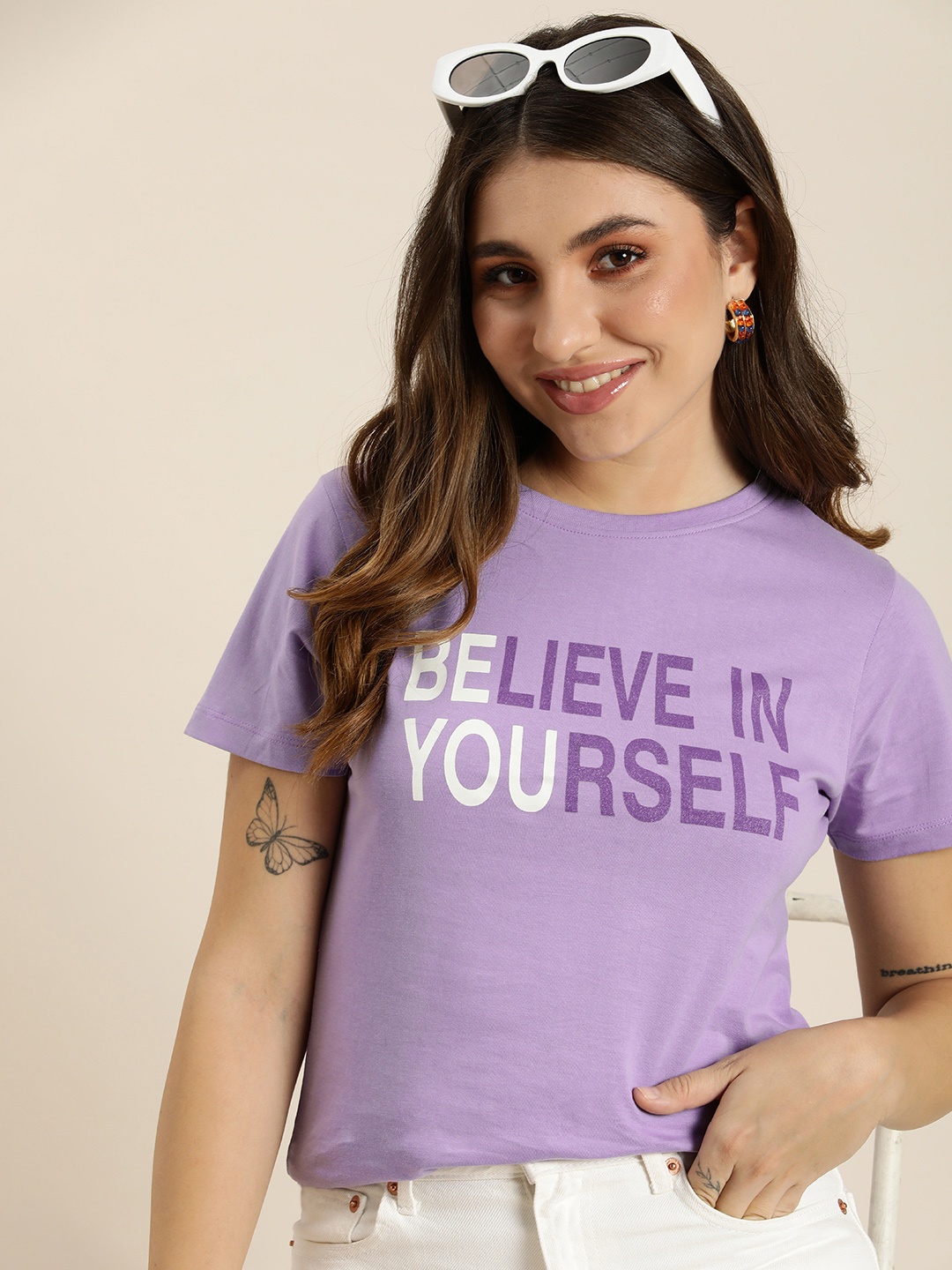 

HERE&NOW Women Typography Printed T-shirt, Lavender