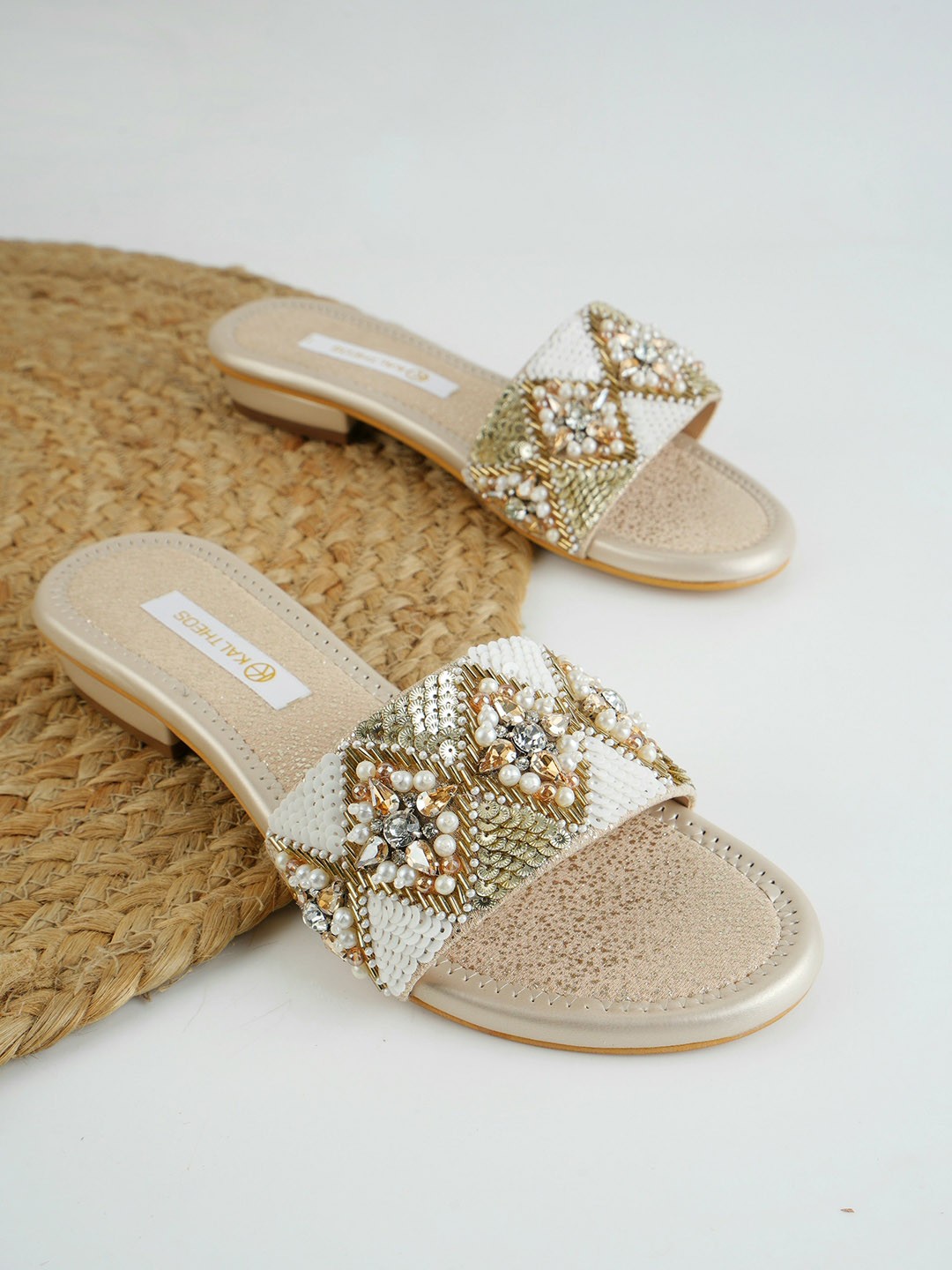 

KALTHEOS Embellished Open Toe Flats, Gold