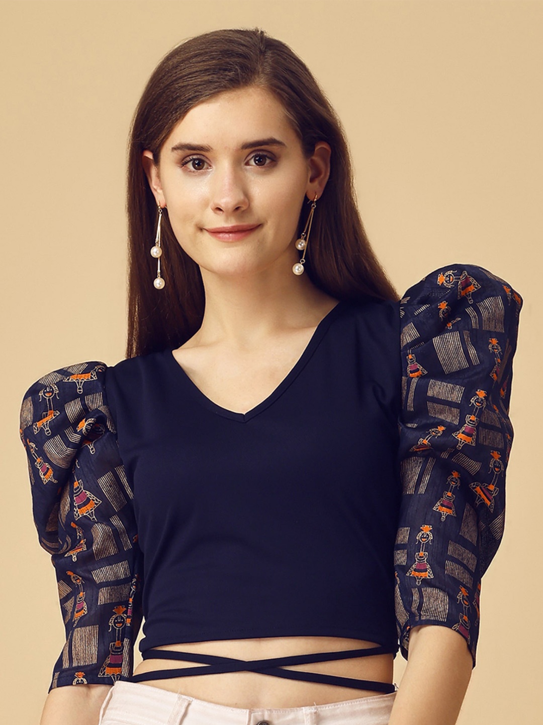 

Paralians V-Neck Puff Sleeves Crop Top, Blue