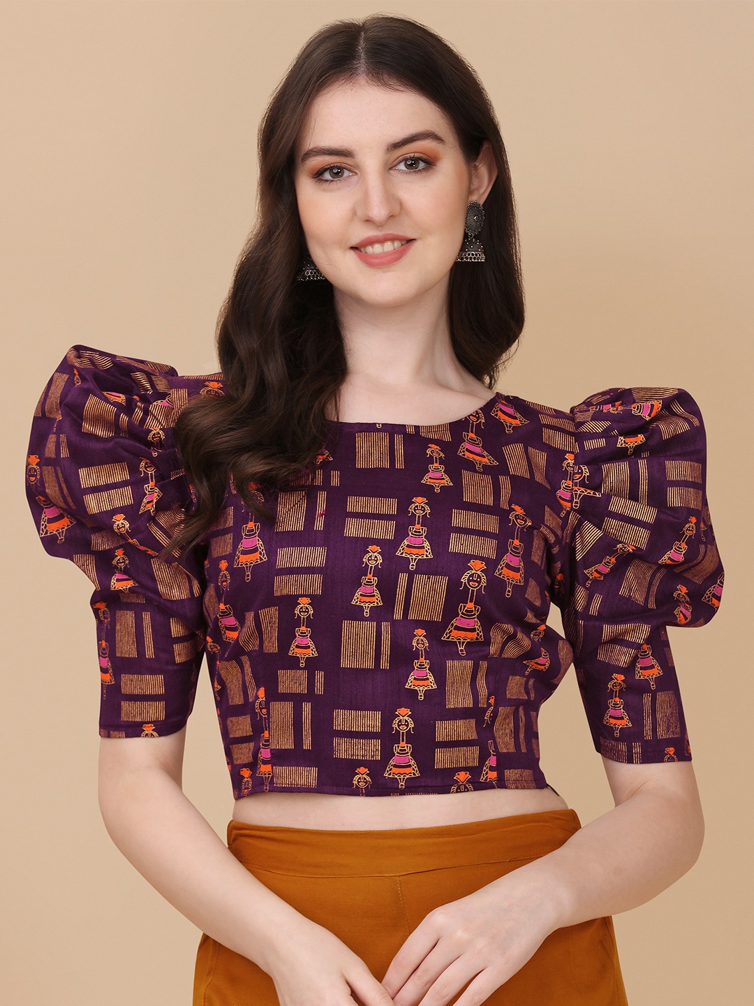 

Paralians Geometric Printed Puff Sleeves Crop Top, Purple