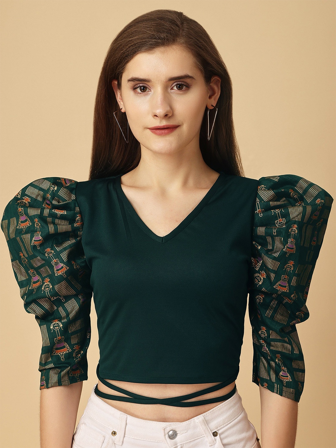 

Paralians V-Neck Puff Sleeves Waist Tie Ups Detail Crop Top, Green