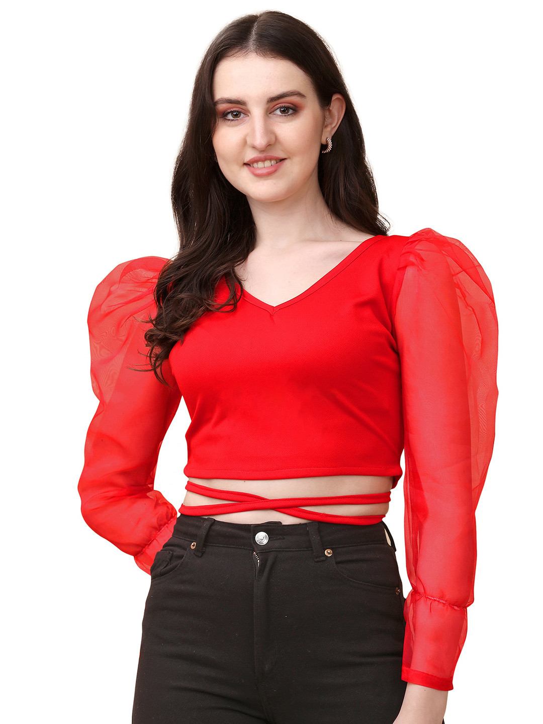 

Paralians V-Neck Puff Sleeves Waist Tie Ups Detail Crop Top, Red