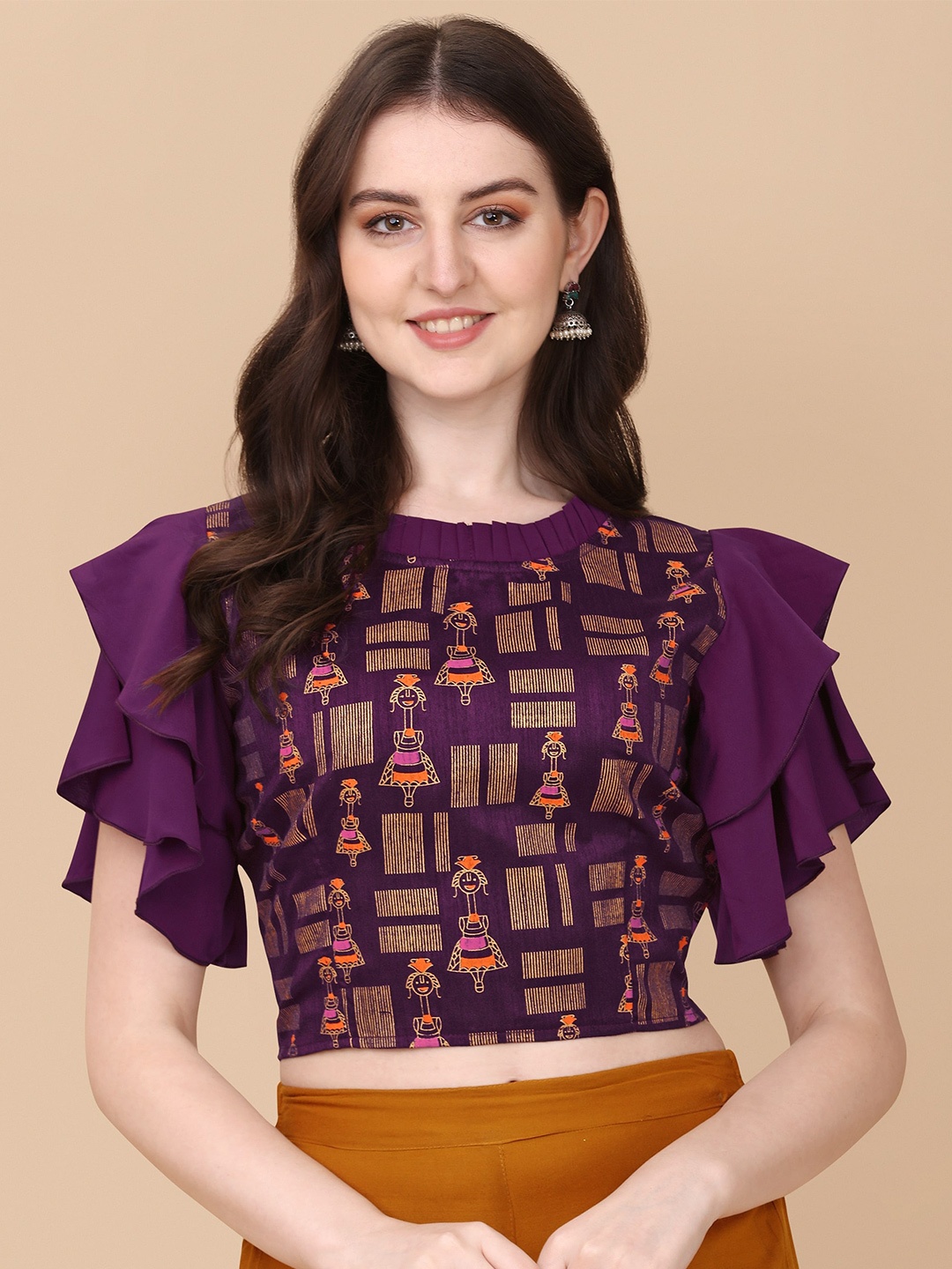 

Paralians Geometric Printed Flutter Sleeves Crop Top, Purple