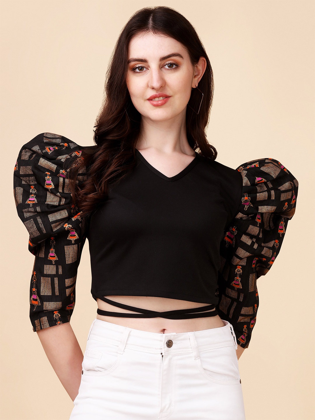

Paralians V-Neck Puff Sleeves Waist Tie-Ups Crepe Crop Top, Black