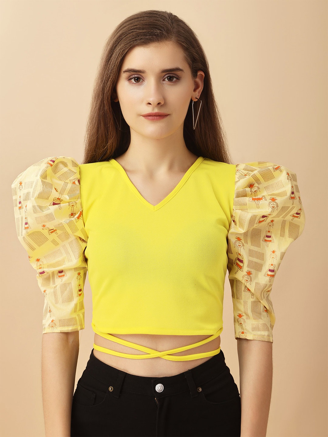 

Paralians V-Neck Puff Sleeves Waist Tie-Ups Crepe Crop Top, Yellow