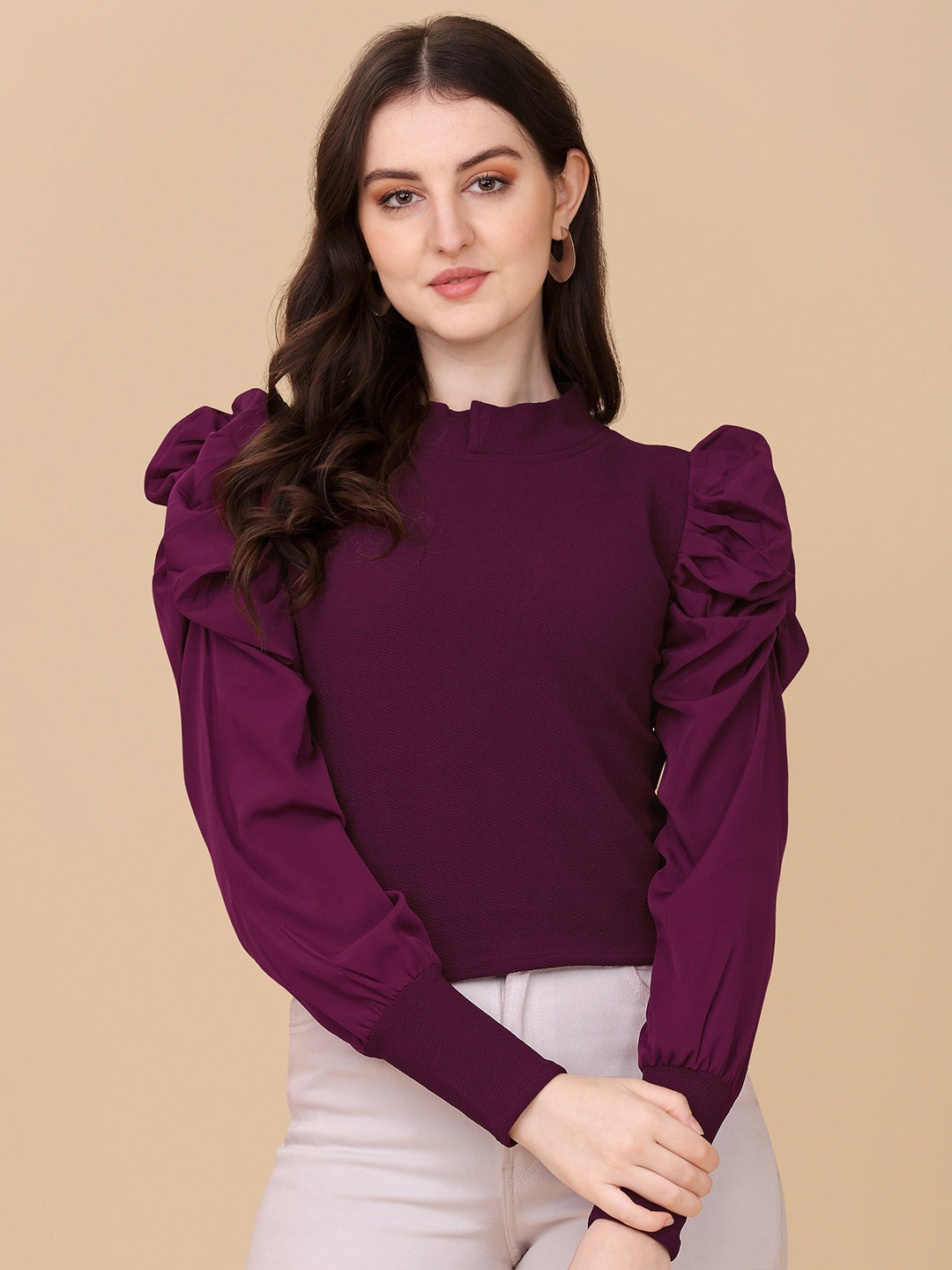 

Paralians High Neck Puff Sleeve Crepe Top, Purple