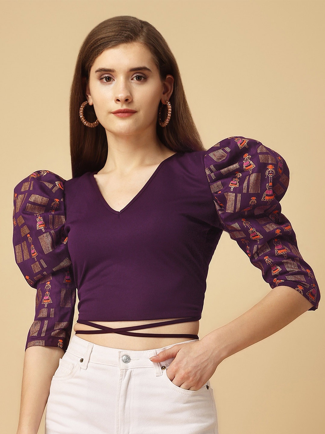 

Paralians V-Neck Puff Sleeves Waist Tie Ups Crop Top, Purple
