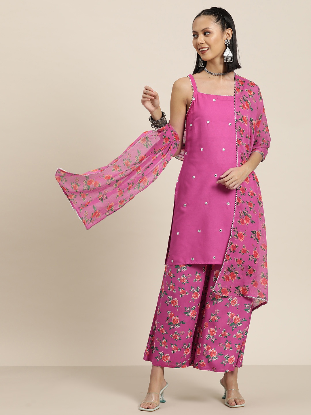 

HERE&NOW Women Mirror Work Kurta with Printed Palazzos & Dupatta, Pink