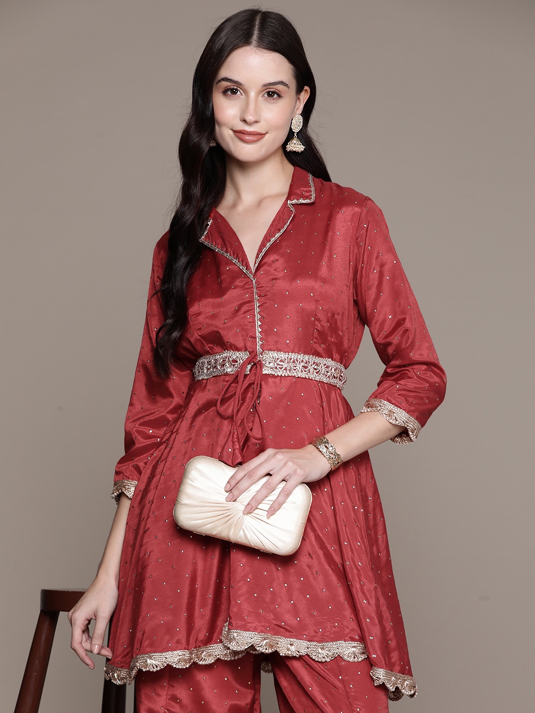

Moda Rapido High Slit Embellished Gotta Patti Kurta with Belt & Palazzos, Maroon