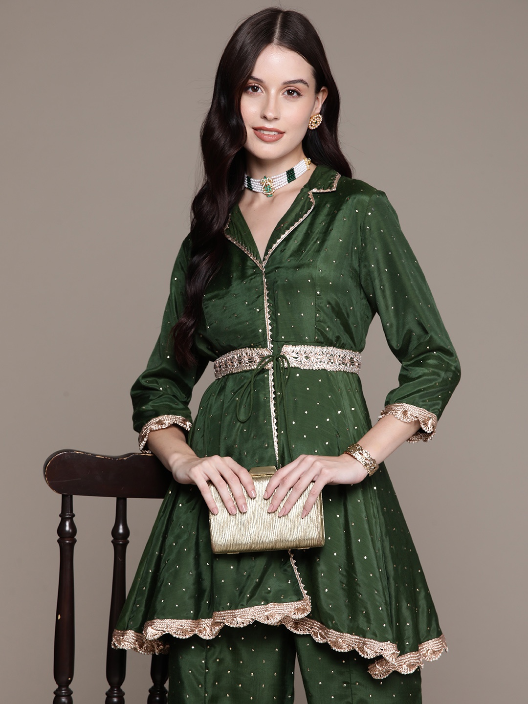 

Moda Rapido High Slit Embellished Gotta Patti Kurta with Belt & Palazzos, Green