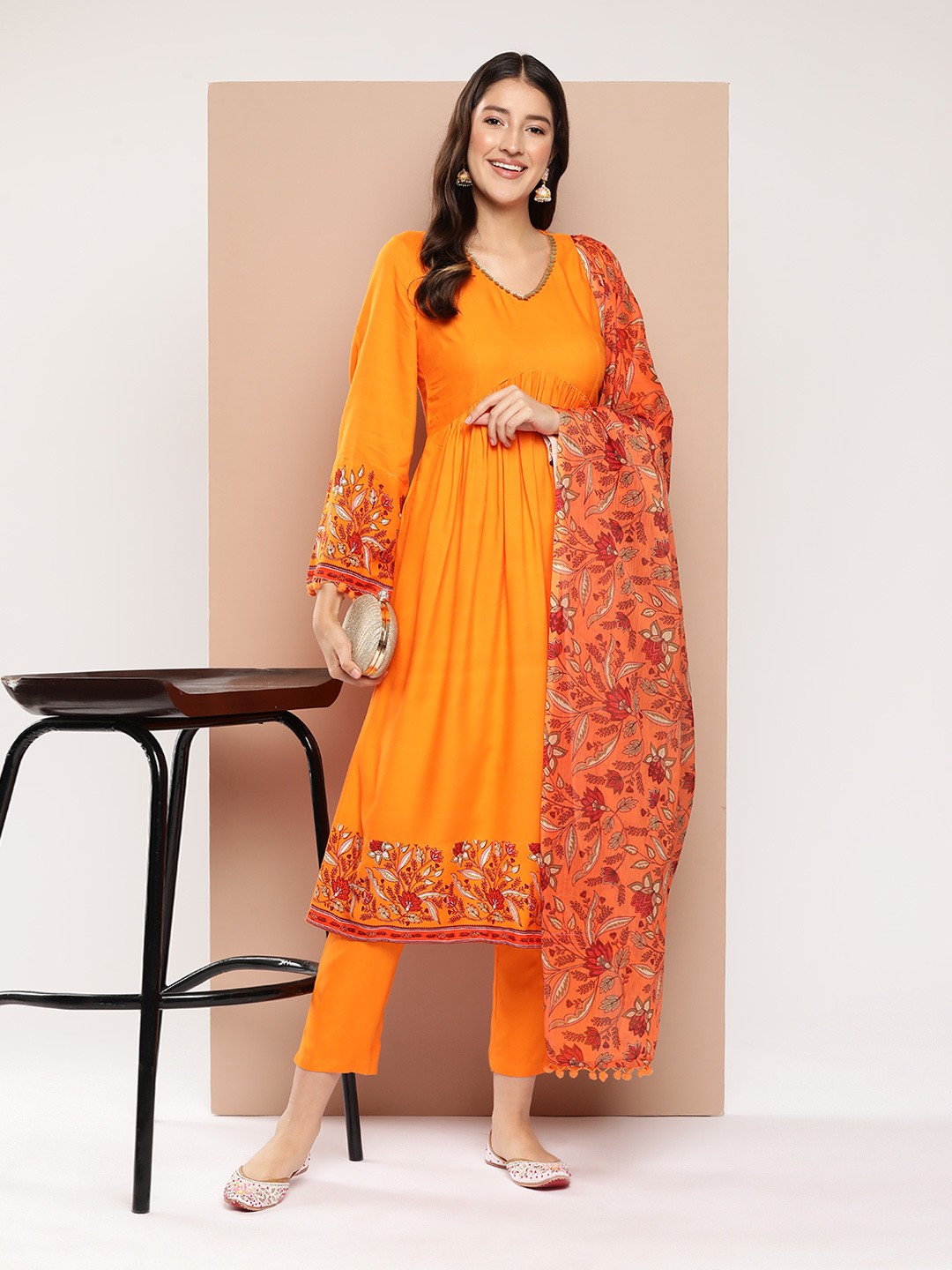 

HERE&NOW Women Empire Gotta Patti Kurta with Trousers & Dupatta, Orange